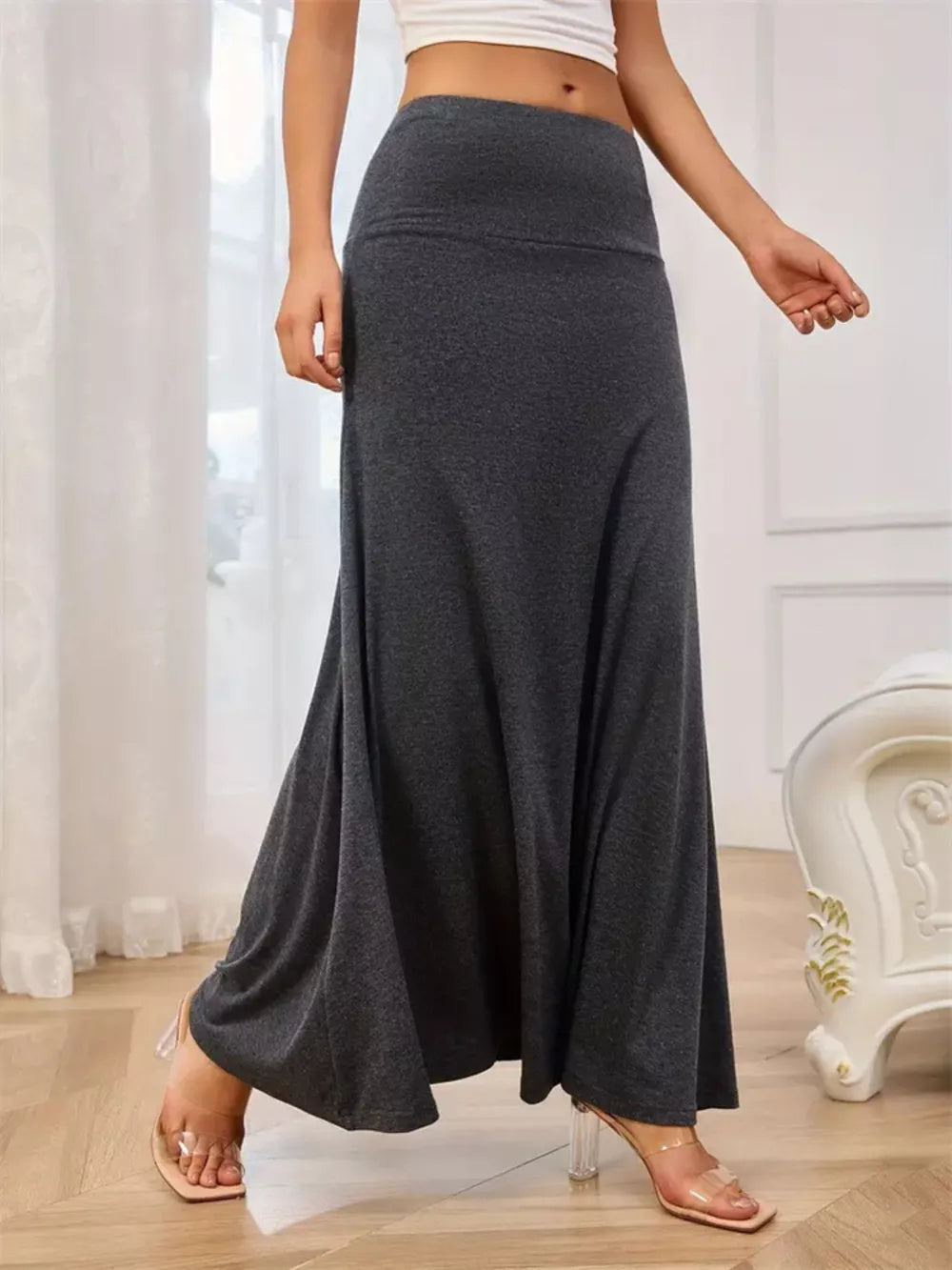 Dark Gray Flowy Maxi Skirt With Wide Waistband