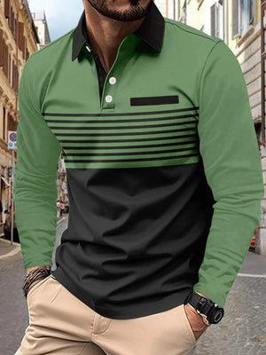 Green and black color blocked long sleeve polo with horizontal stripes and chest pocket.