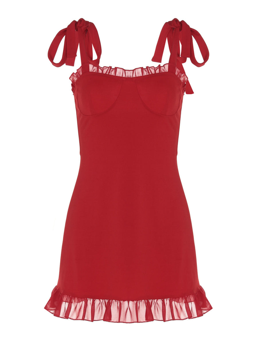 Deep red mini dress with tie straps, ruffled neckline and hem