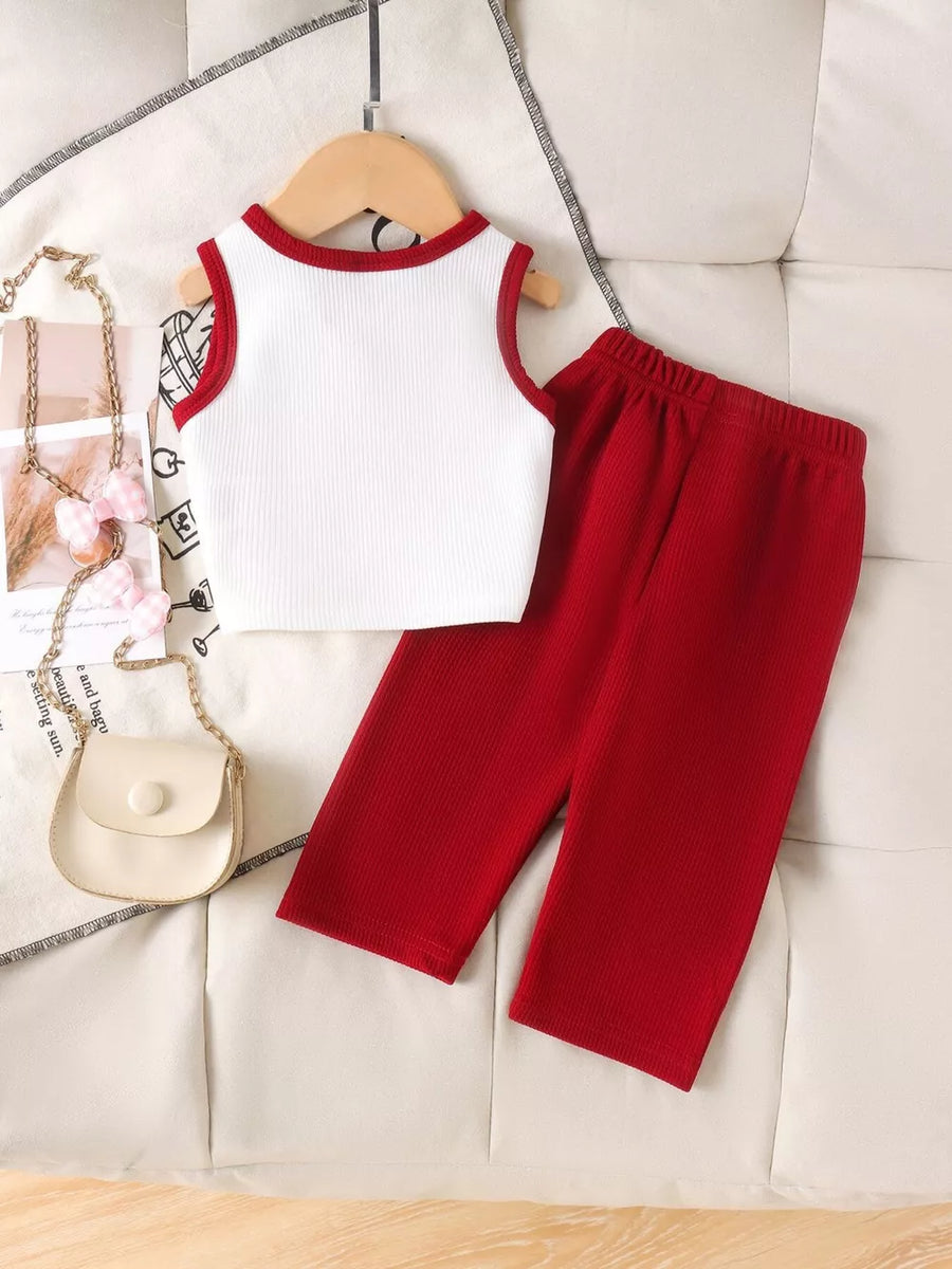 玫红色 with Children's Ribbed Bow Tank Top And Pants Set