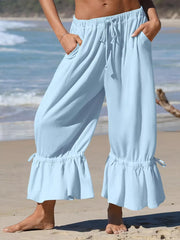 Full Size Wide-leg Ruffle Hem Pants in Gum Leaf with tied