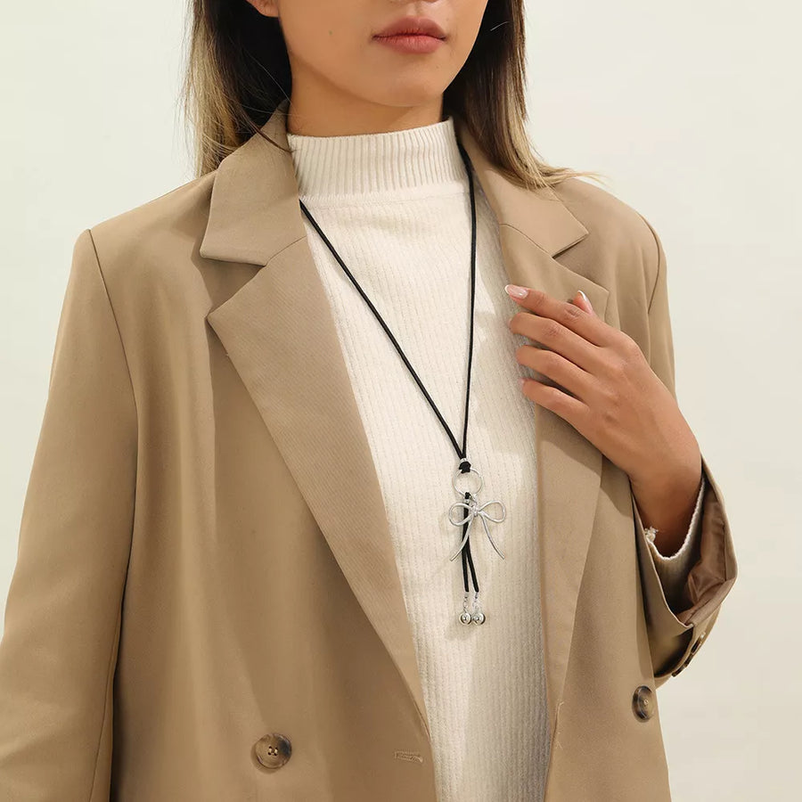 Silver with Elegant Bow Pendant Faux Leather Necklace