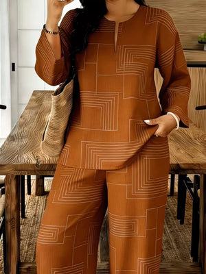 Brown geometric print linen blend wide leg pants and matching tunic top with split neckline