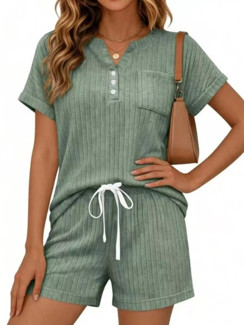 Army green ribbed knit loungewear set with short sleeve Henley top and drawstring shorts.