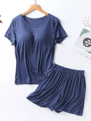 Space Blue two-piece pajama set with crew neck tee and elastic waistband shorts with pockets.