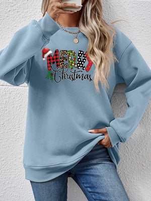 Misty Blue drop shoulder sweatshirt with festive Merry Christmas graphic and Santa hat detail.