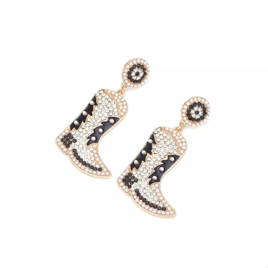 Dazzling black and white cowboy boot earrings with pearls and rhinestones.