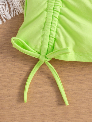 Light Green cotton blend toddler crop top with drawstring detail.