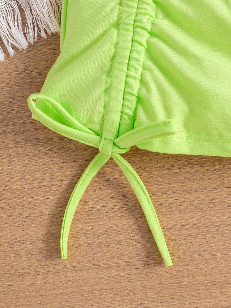 Light Green cotton blend toddler crop top with drawstring detail.