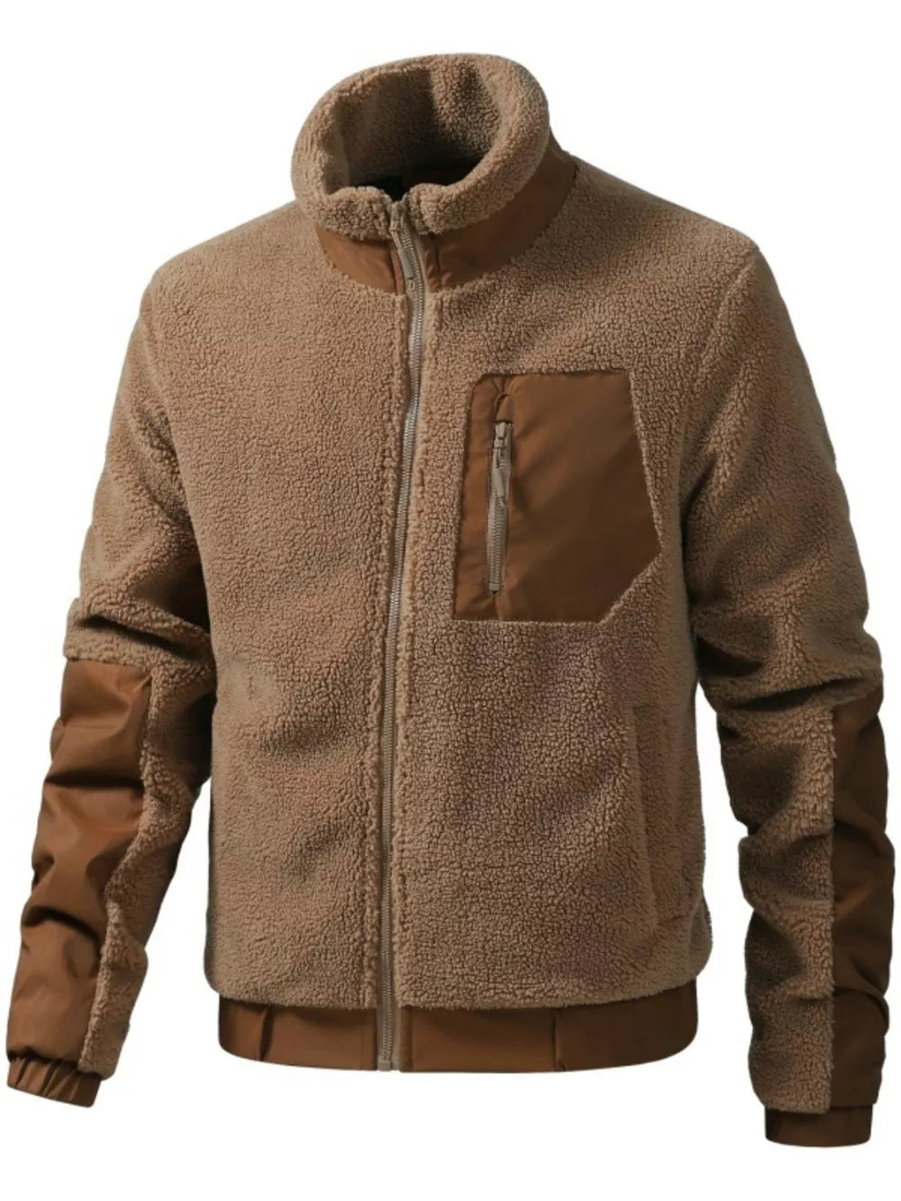 Brown sherpa fleece zip-up jacket with contrast brown sleeves and chest pocket.