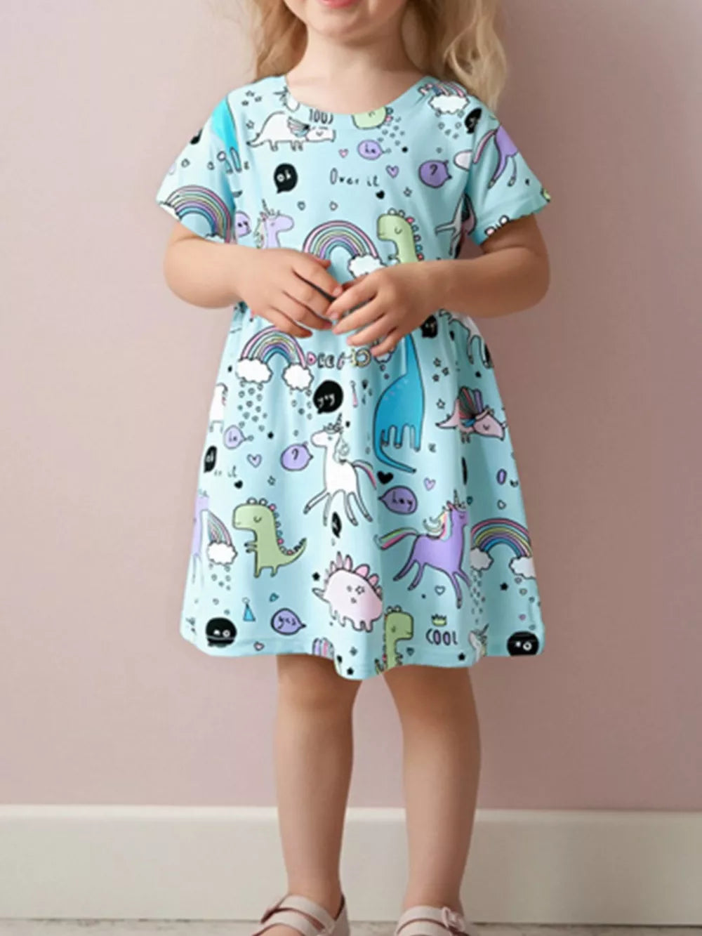 Baby girl's light blue short sleeve dress with dinosaur and unicorn print.