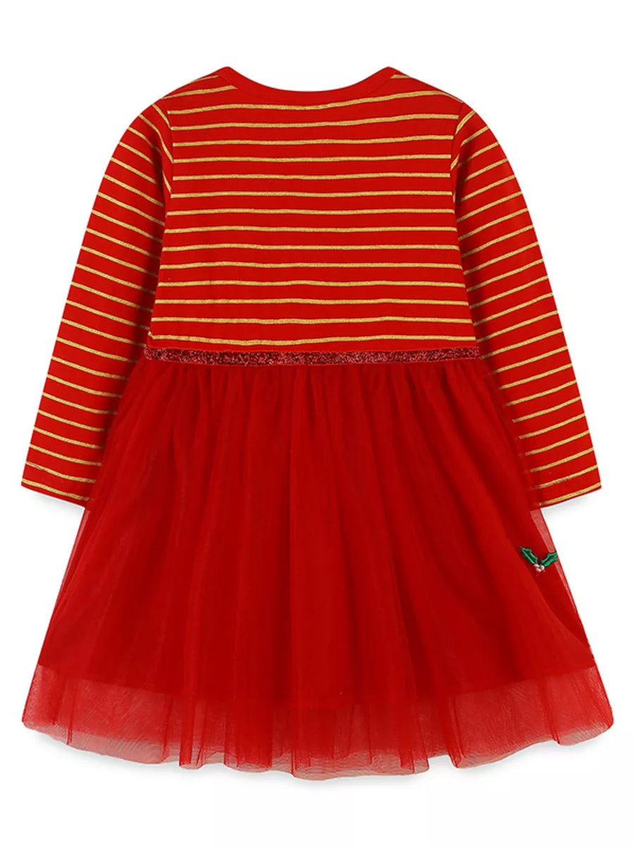 Red tulle dress with gold striped long sleeves and a small embroidered holly detail.