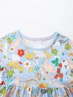 Light blue cotton toddler dress with cartoon farm animals, bunnies, chicks, and strawberries print.