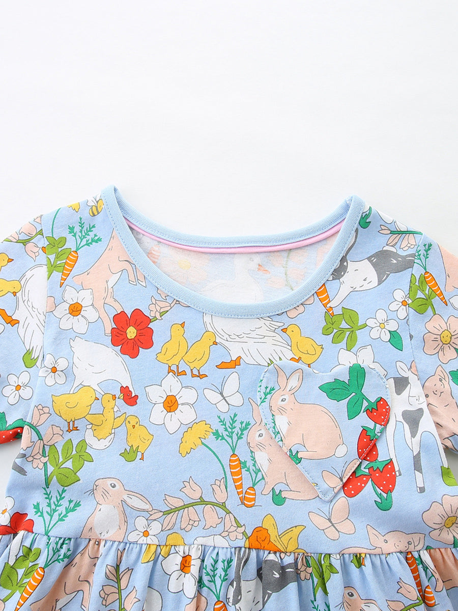 Light blue cotton toddler dress with cartoon farm animals, bunnies, chicks, and strawberries print.
