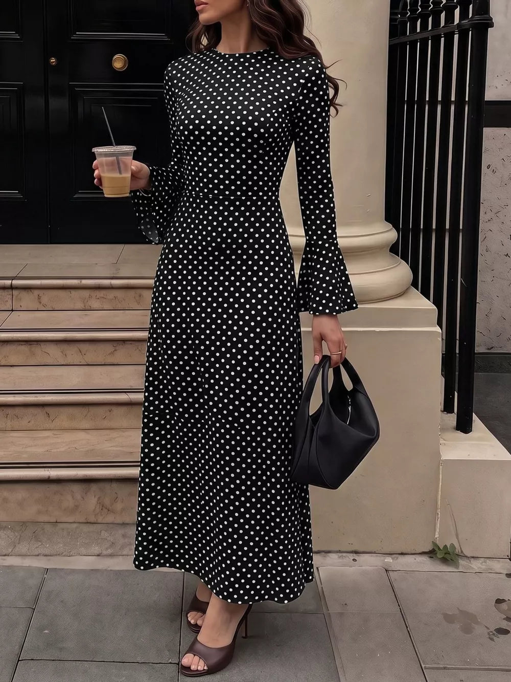 black maxi dress with polka dot and round neck