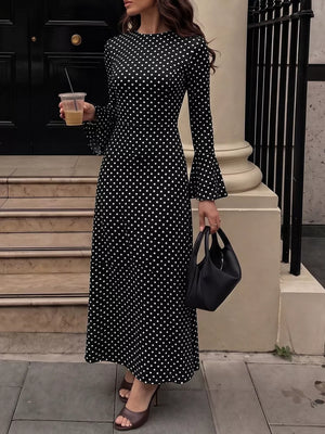 black maxi dress with polka dot and round neck