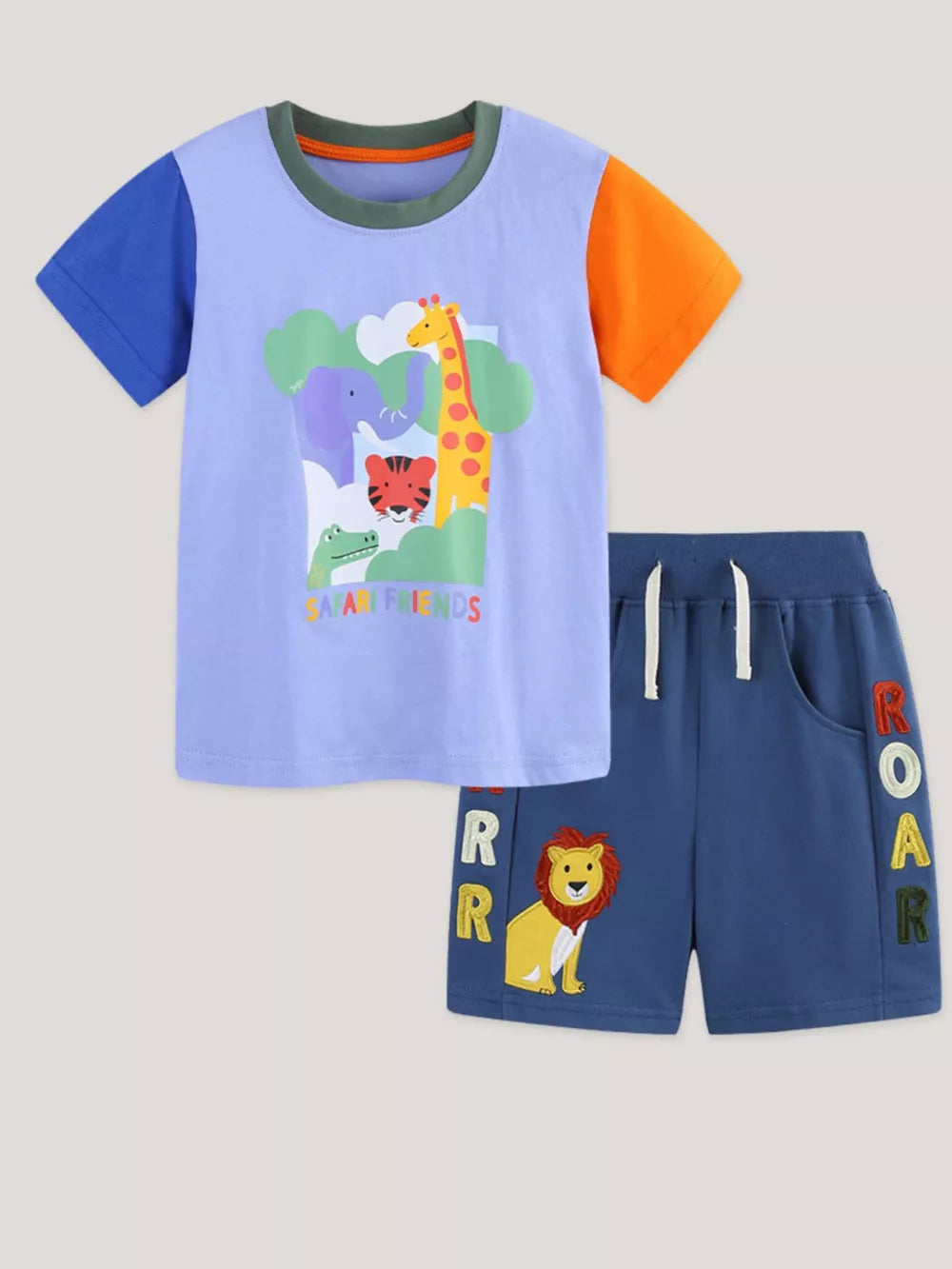 Toddler cotton color block t-shirt and shorts set with safari animals and ROAR embroidery.
