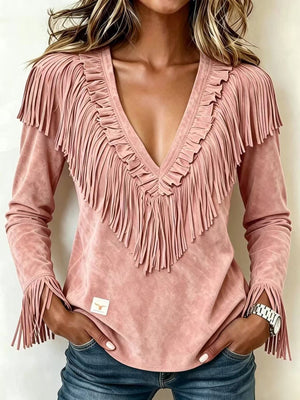 blouse in tan with fringed and hip-length
