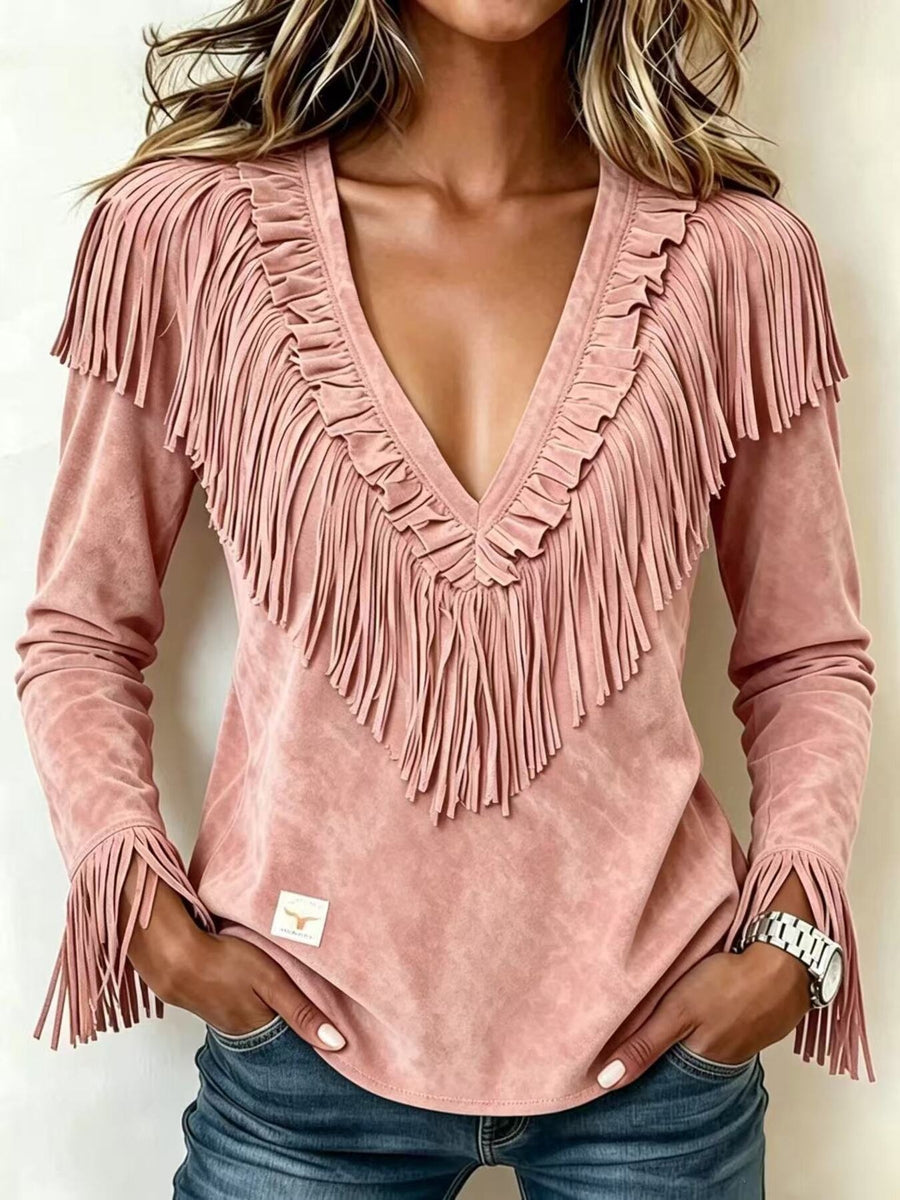 blouse in tan with fringed and hip-length