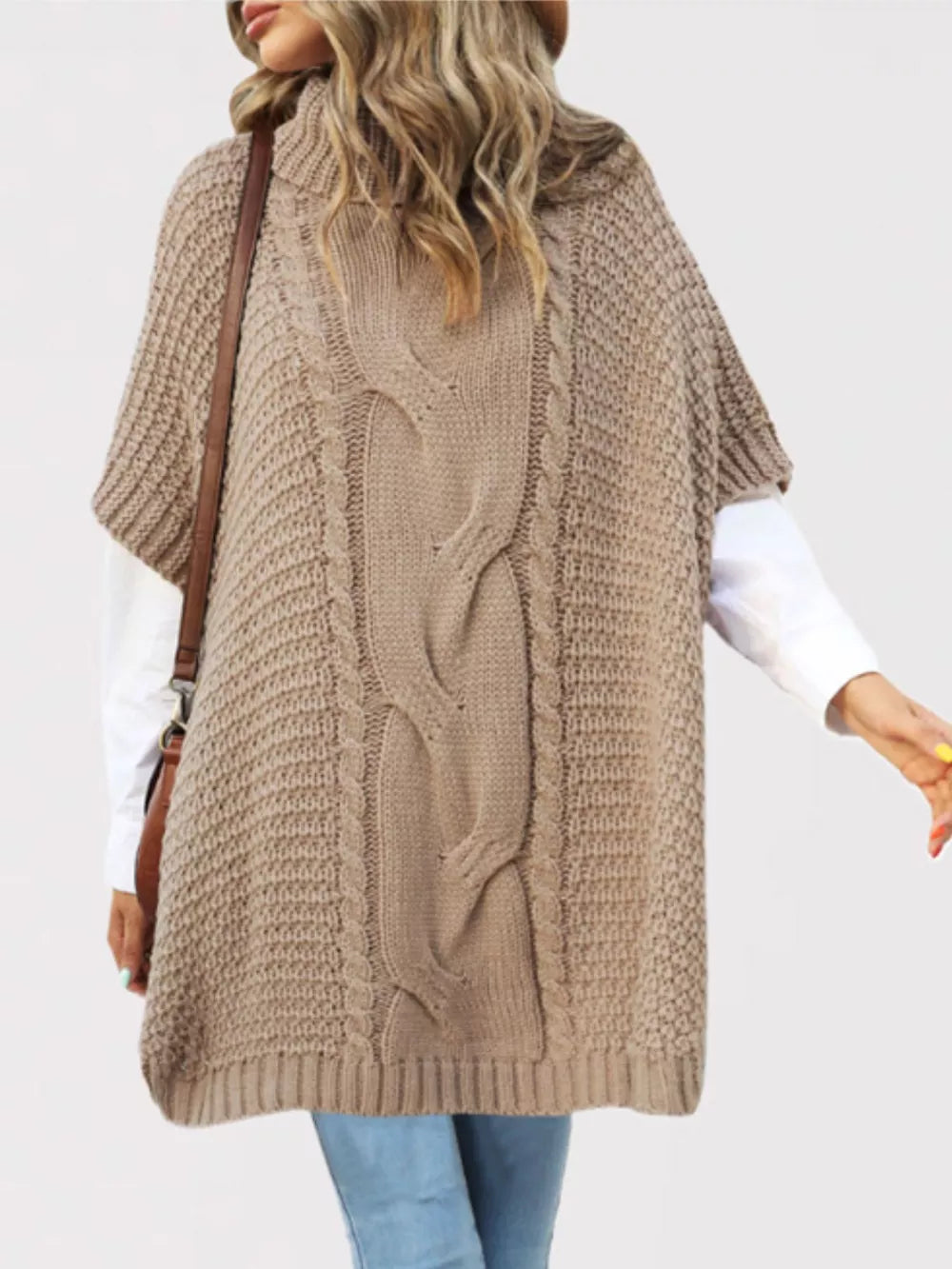 Apricot turtleneck sweater with tunic-length and pullover