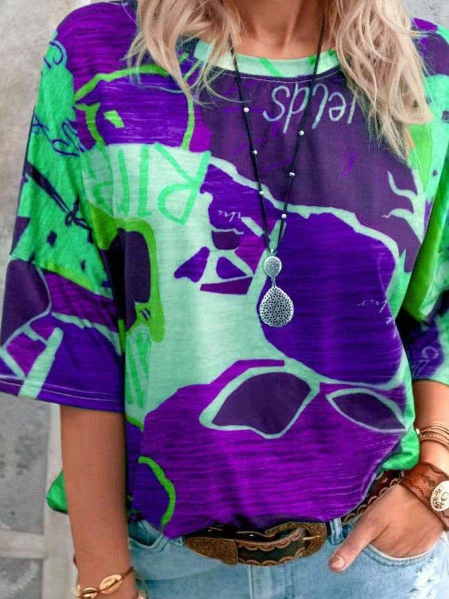 Brushstroke Stripe Casual T-Shirt in purple and green with a crew neck and short sleeves.