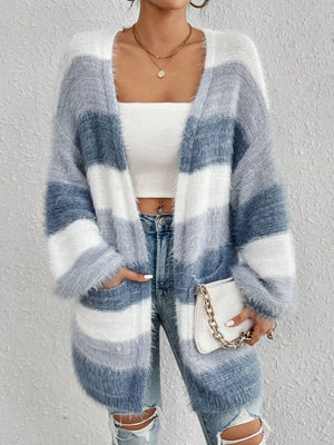 light blue cardigan featuring pocketed and striped