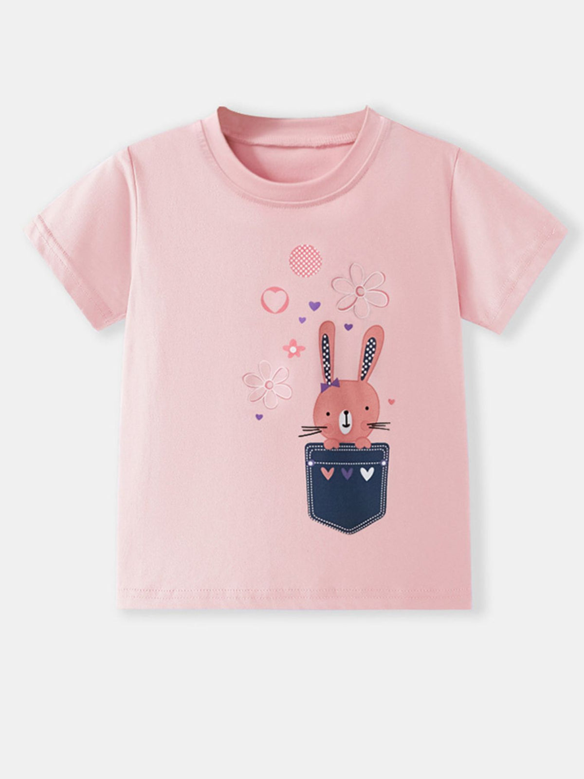 Pink toddler t-shirt with a cute bunny peeking out of a pocket graphic and floral details.