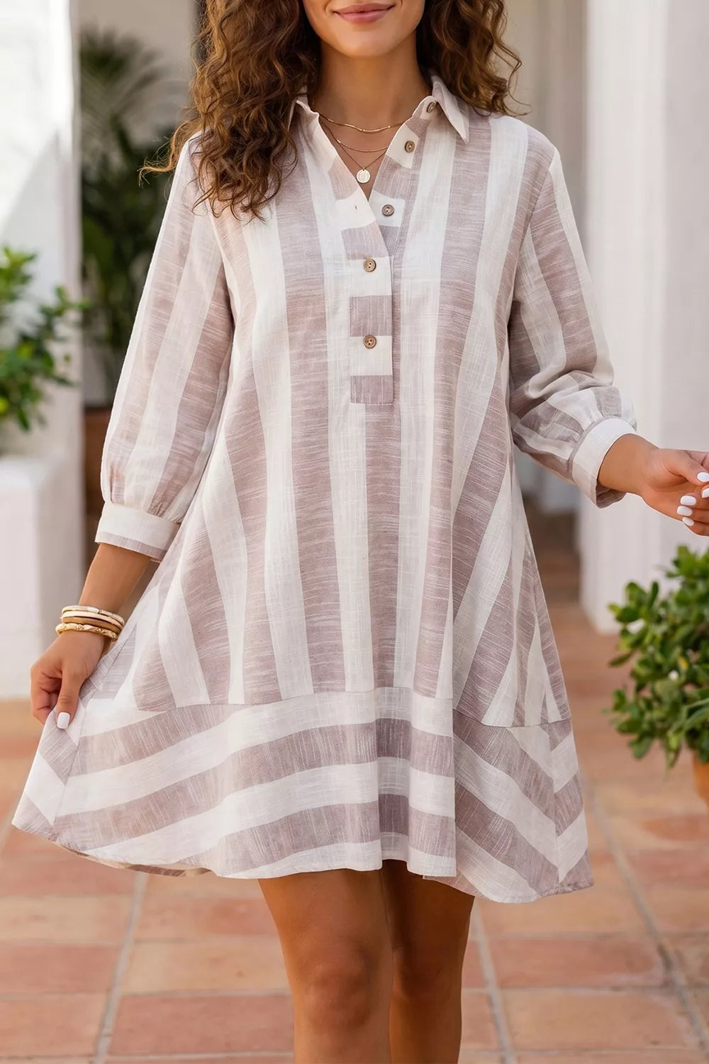 Dust Storm Striped Button-up Three-quarter Sleeve Shift Dress
