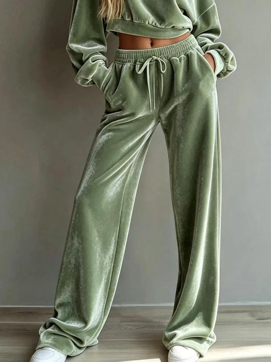 Full Size Cropped Sweatshirt And Wide-Leg Pants Set in Sage with drawstring