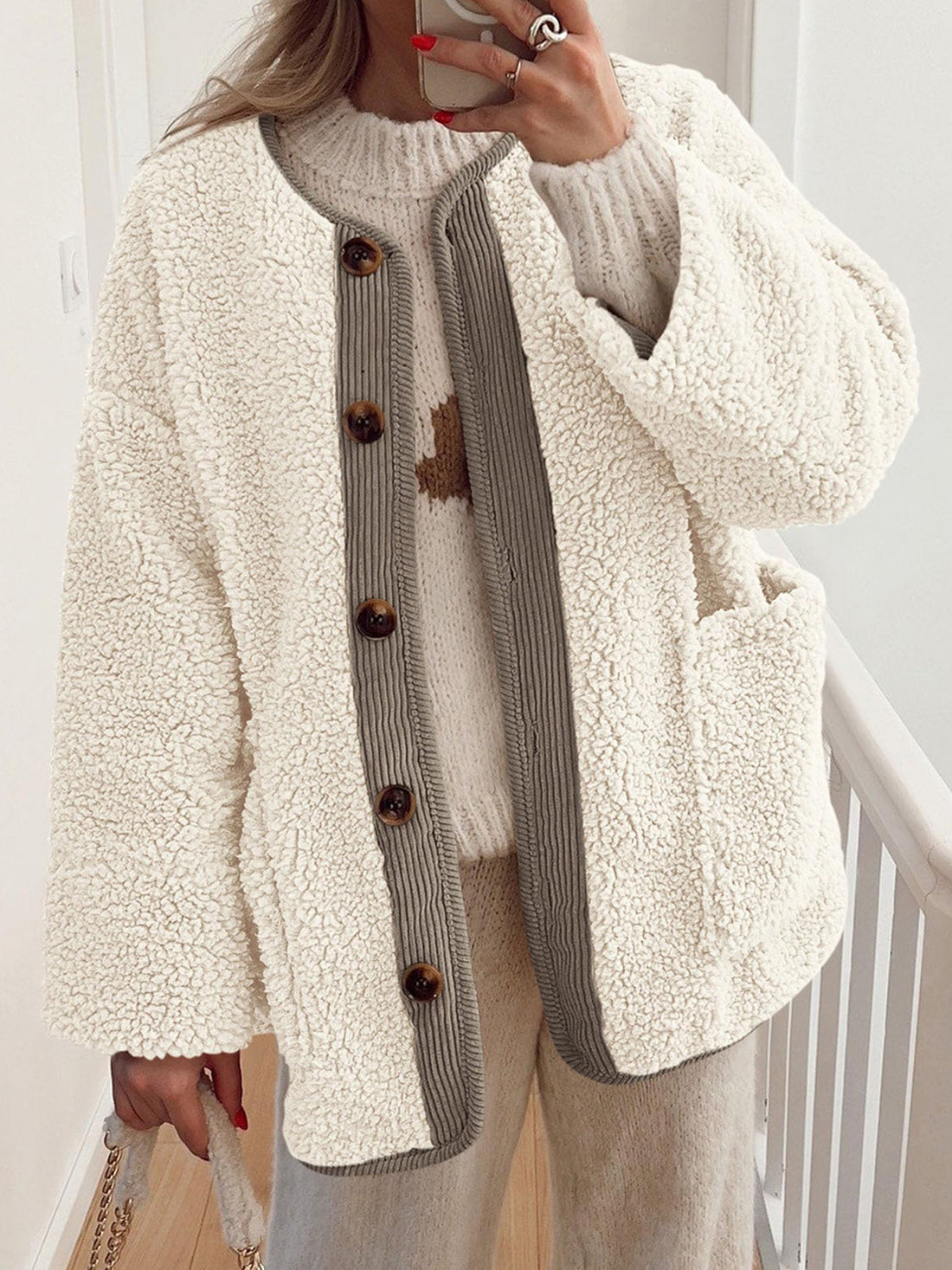 Cream teddy-texture button-up jacket with corduroy trim and pockets