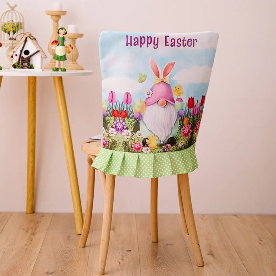 Easter bunny gnome chair cover with green polka dot ruffle and Happy Easter text.