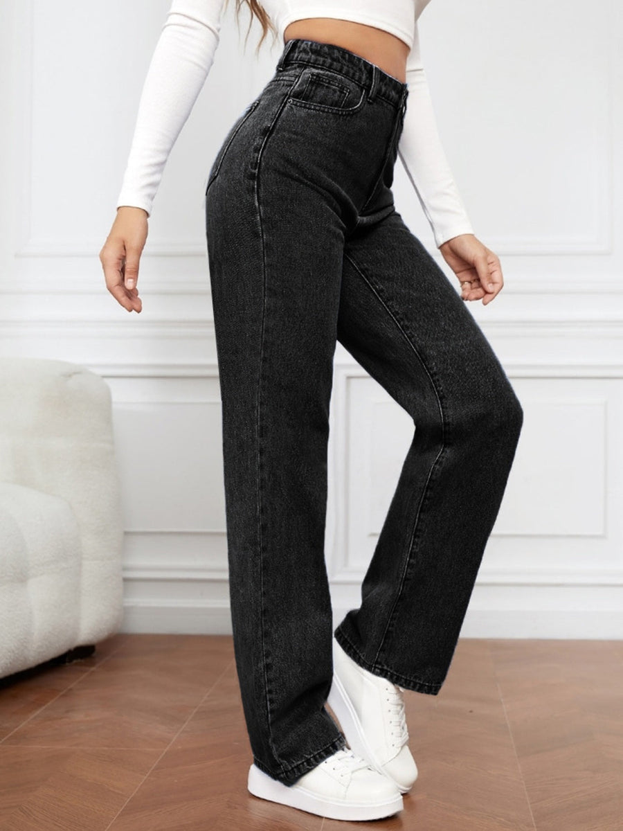 Black wide-leg denim jeans with a sculpted waist and buttoned closure.