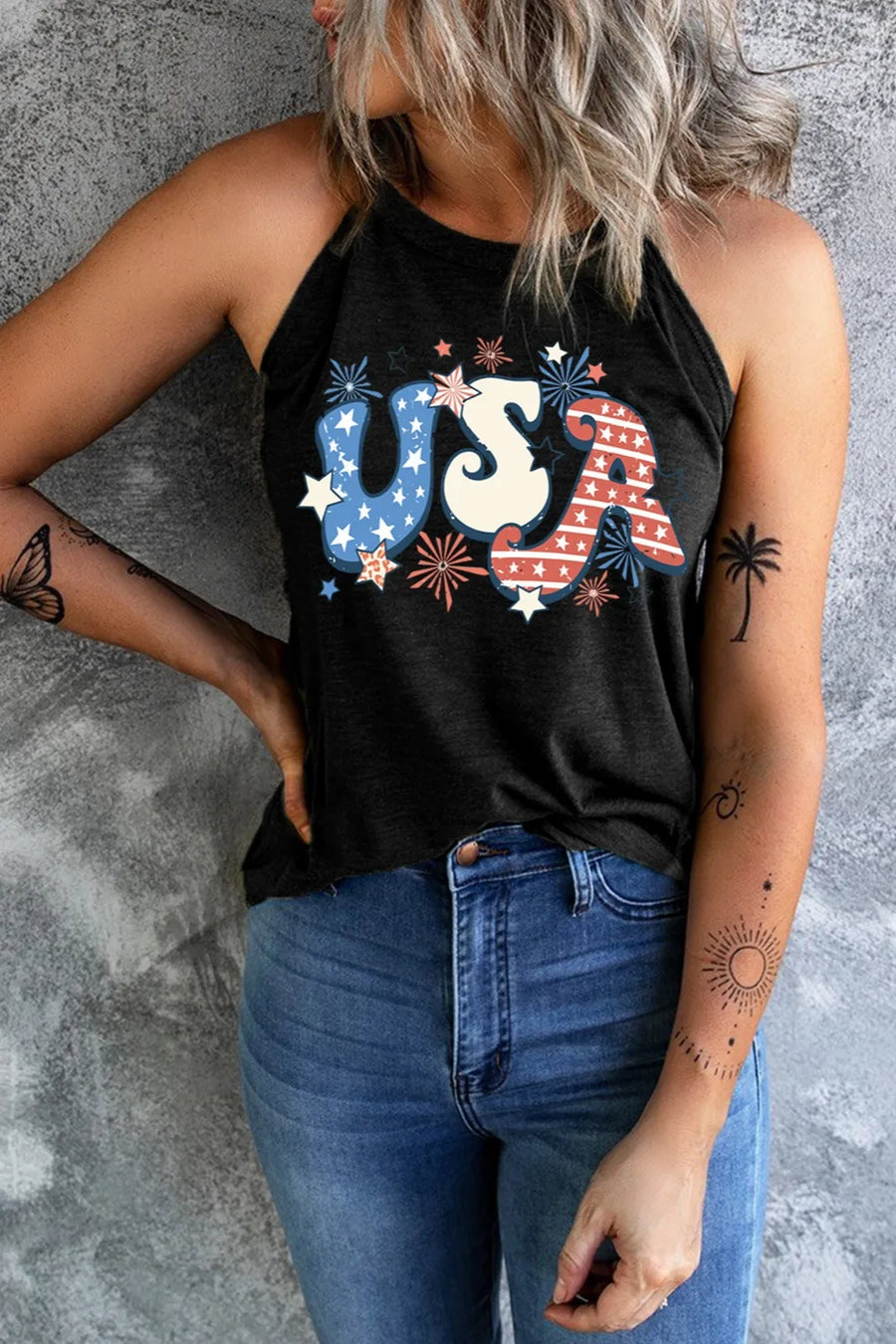 Black halter tank top with patriotic USA graphic and stars.