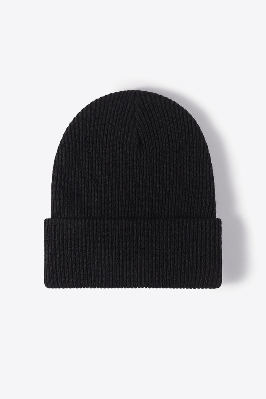Black ribbed knit beanie with a cuffed hem