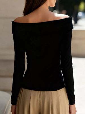 White with Elegant Off-the-shoulder Blouse With Buttons