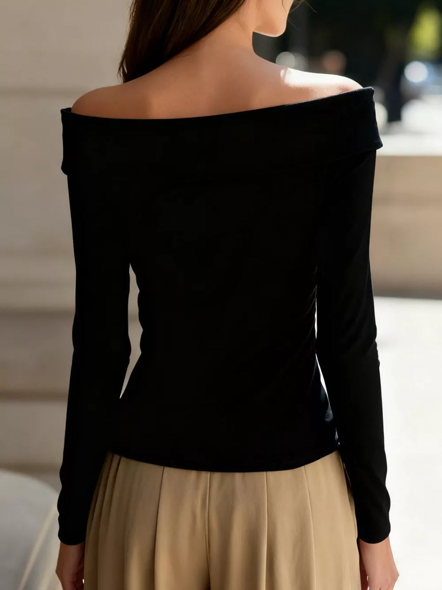 White with Elegant Off-the-shoulder Blouse With Buttons