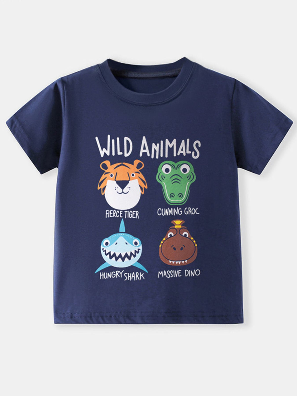 Navy t-shirt with Wild Animals graphic featuring tiger, croc, shark, and dino faces.