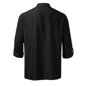 Black half-button shirt with roll-up sleeves and mandarin collar.