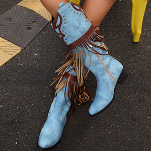 boots in light blue with fringe and below-knee