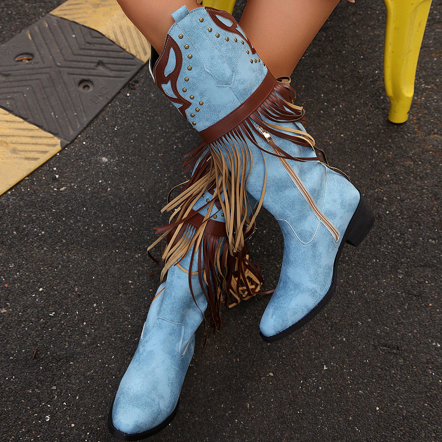 boots in light blue with fringe and below-knee