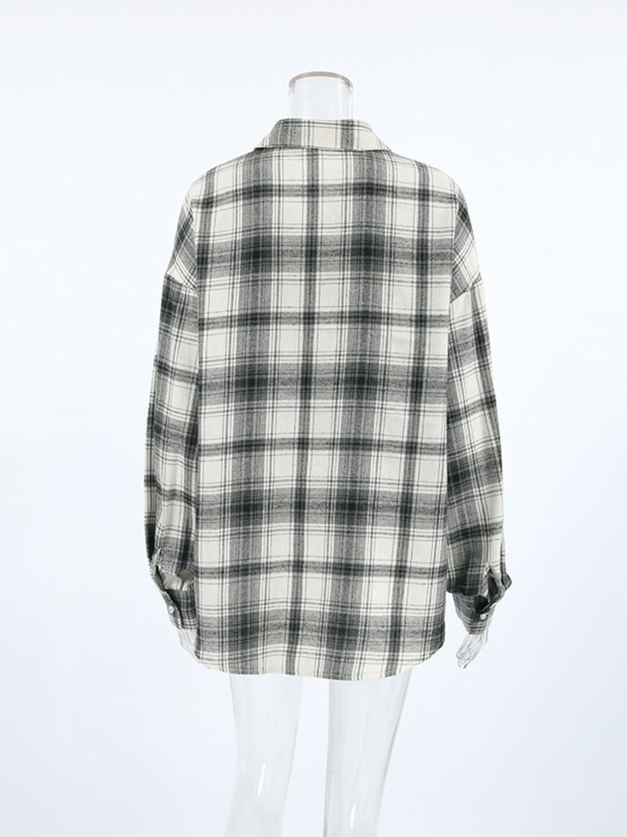 Button-up long sleeve shirt in black and white plaid cotton, shown from the back.