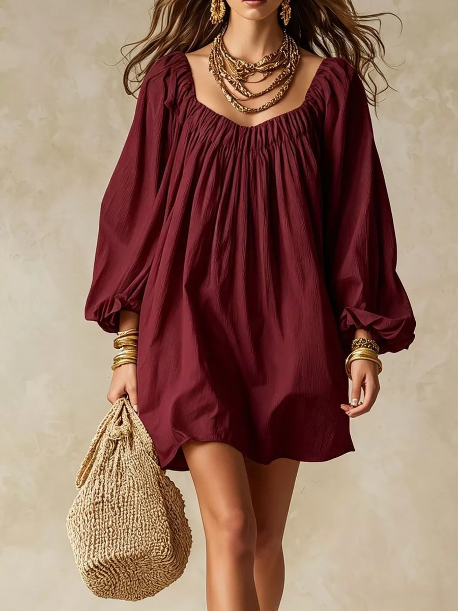 Flowy Balloon Sleeve Mini Dress in Army Green, view 12