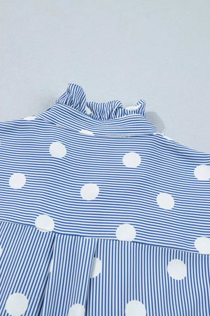 Blue and white striped and polka dot ruffled shirt with button-down detail