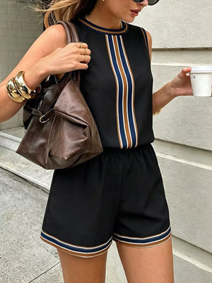 Black sleeveless top and shorts set with stripe trim, crew neck, elastic waist shorts