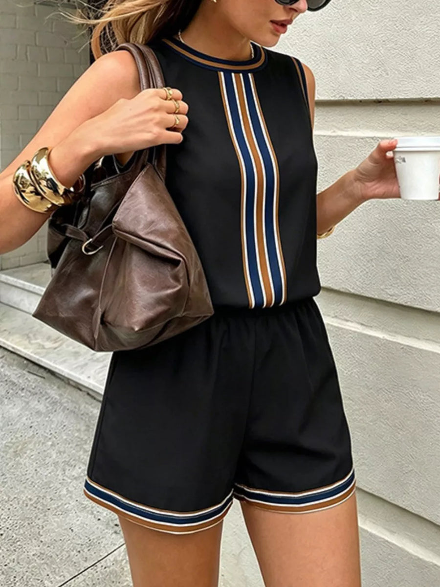Black sleeveless top and shorts set with stripe trim, crew neck, elastic waist shorts