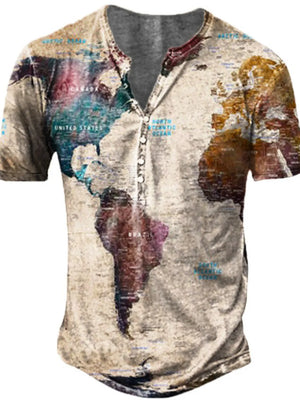 Men's buttoned henley t-shirt with a vintage world map print in beige and multi-color.