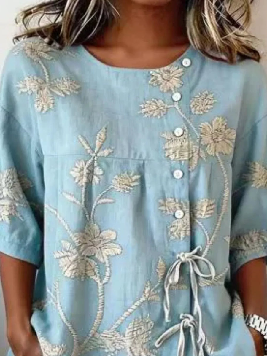 Sky Blue Embroidered Floral Tie Front Shirt Plus Size