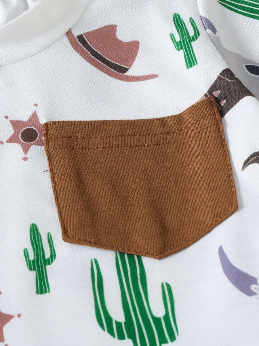 Baby set with cactus and cowboy hat print, featuring a brown chest pocket.