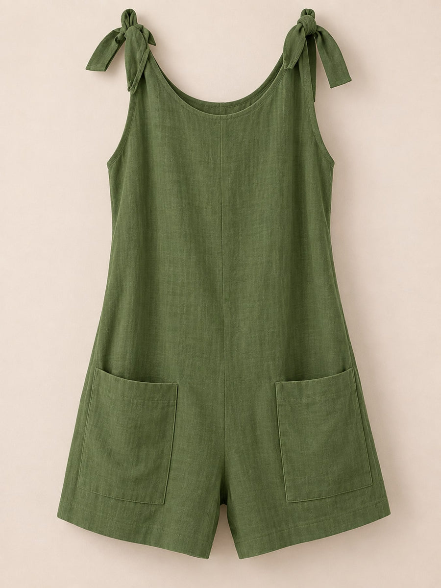 Full Size Tie-Shoulder Romper With Pockets in Gray with adjustable straps