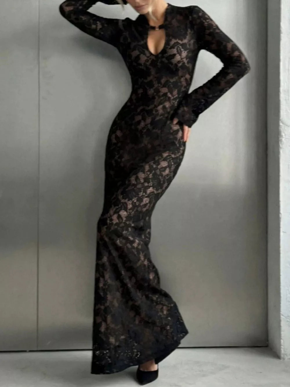 black bodycon dress with lace and keyhole